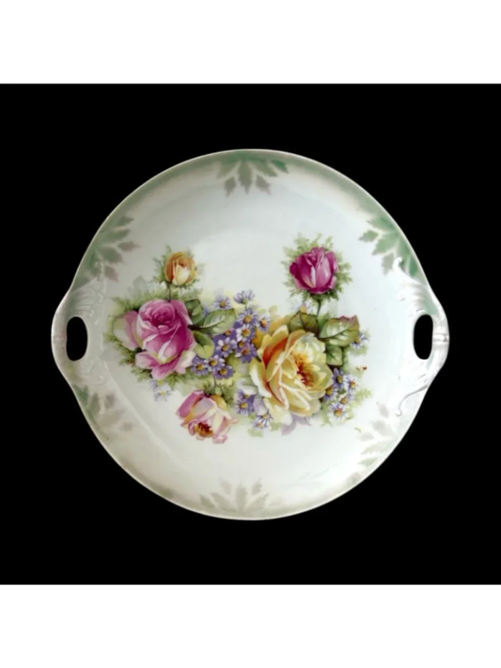 Antique Oscar Gutherz OG Crown Double Handled Plate Floral Bouquet Roses